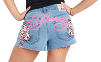 Ed Hardy Leopard Denim Shorts in washed blue - women's shorts - alternate view