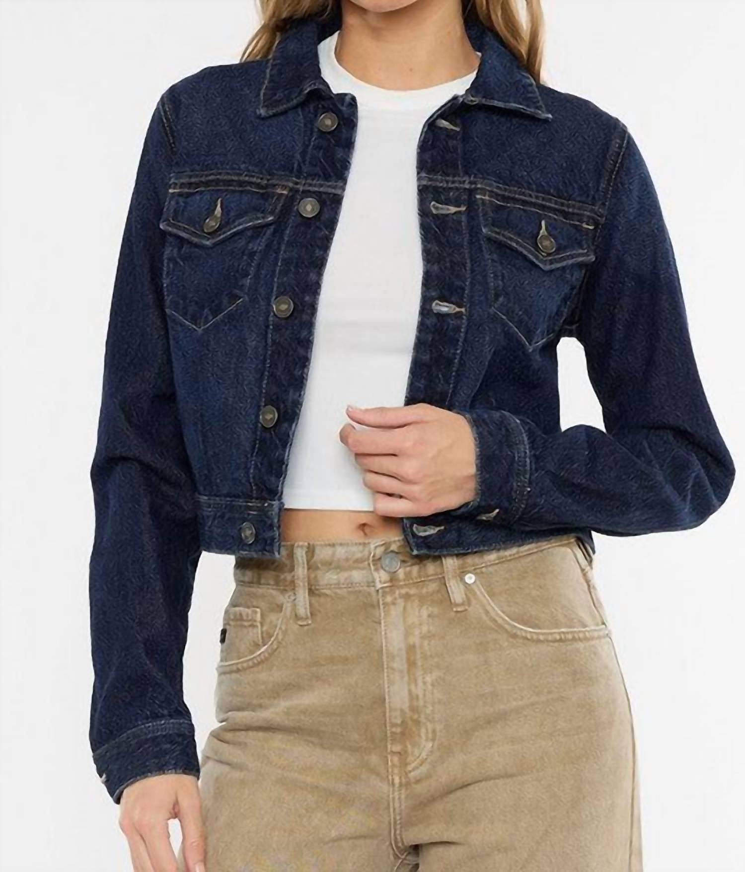 KanCan Front Patch Pocket Crop Jacket in denim - women's jacket - alternate view