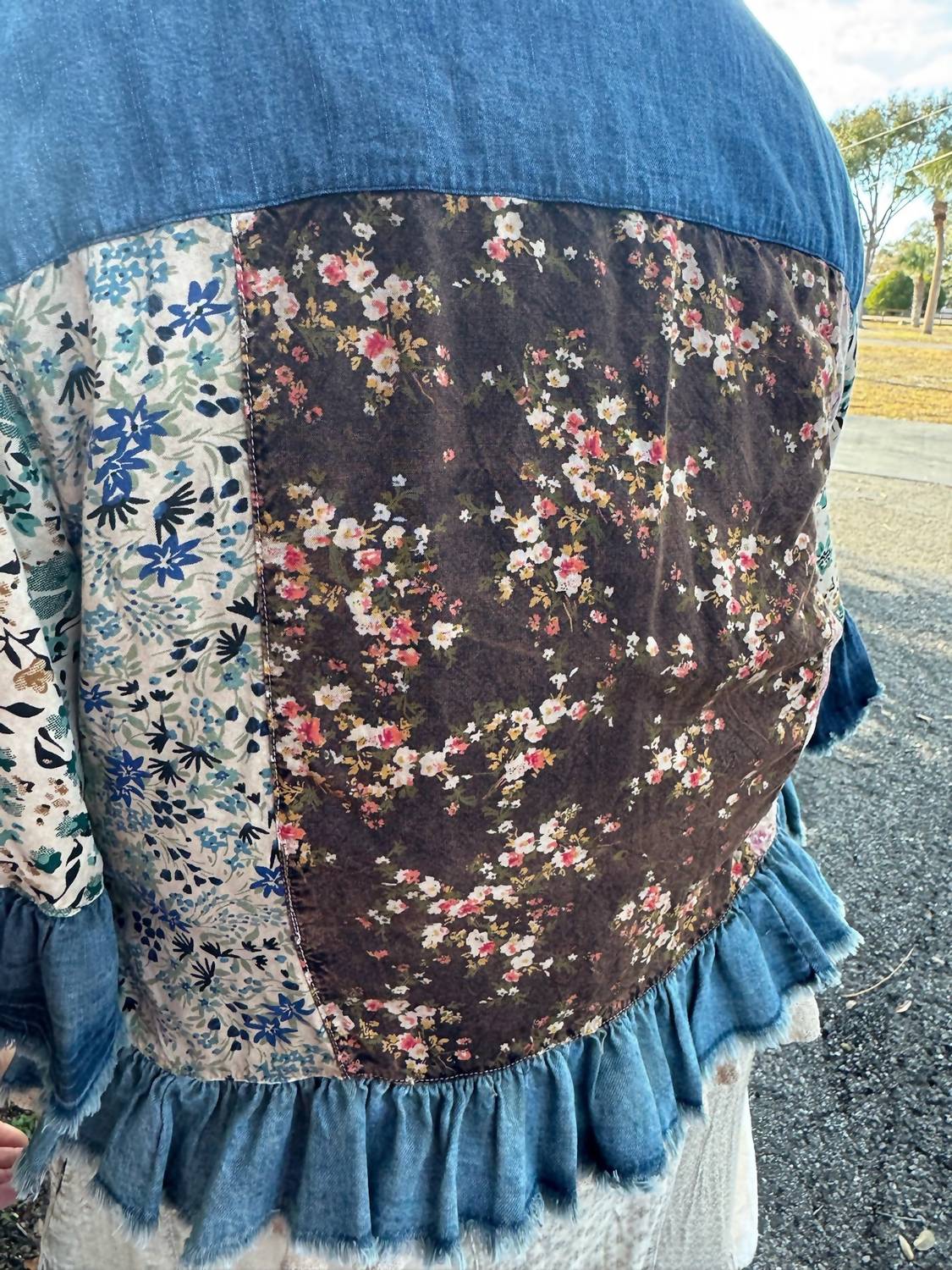 Young Threads - Patchwork And Denim Ruffle Hem Crop Jacket Top