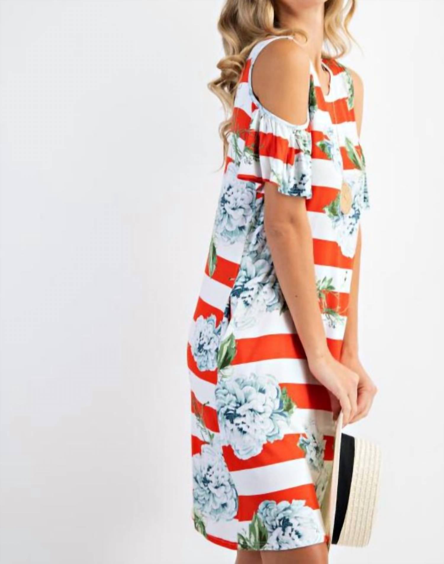143 Story - Bold Stripe Floral Cold Shoulder Dress