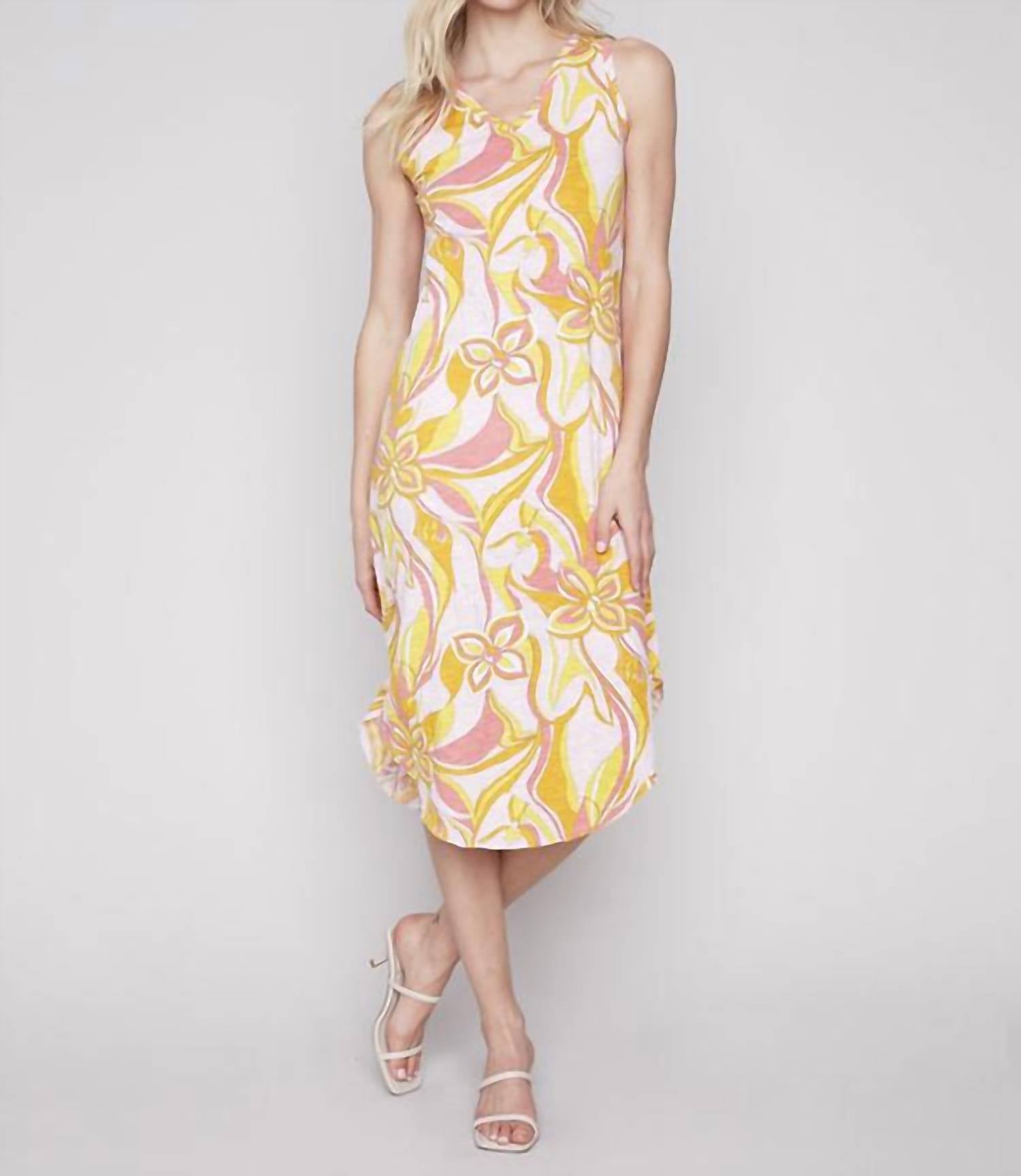 CHARLIE B Printed Sleeveless V-neck With Shirttail Hem Dress in sorbet peach - women's dress