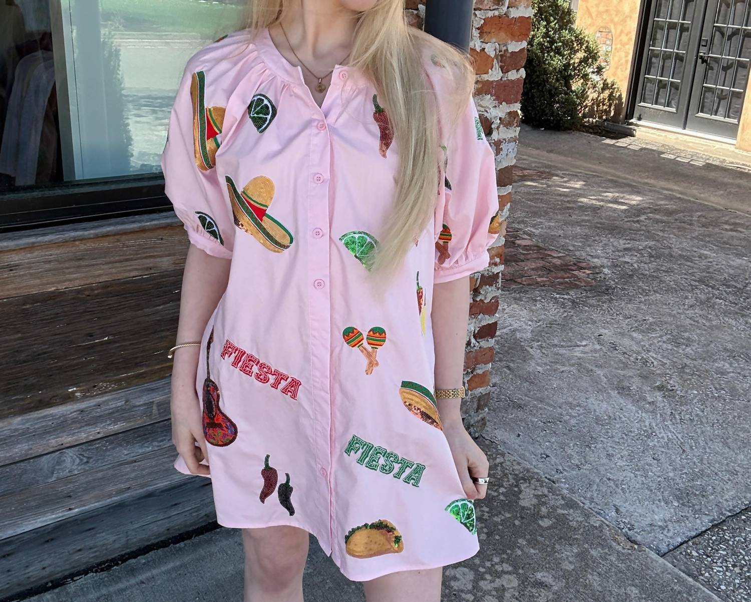 QUEEN OF SPARKLES Cinco Icon Button Up Cotton Dress in light pink - women's dress - alternate view