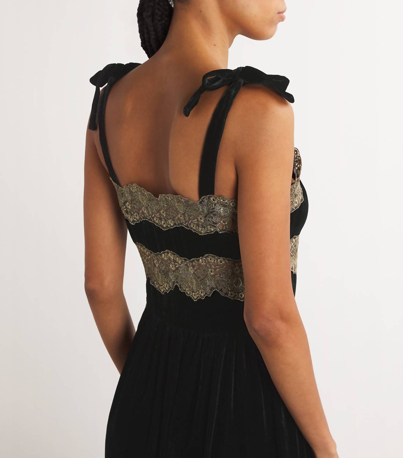 Loretta Caponi - Sabina Sleeveless Tie Shoulder Lace Detail Velvet Dress