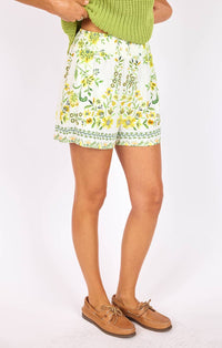 SAGE THE LABEL Dandelion Dreams Shorts in green floral - women's shorts - detail view