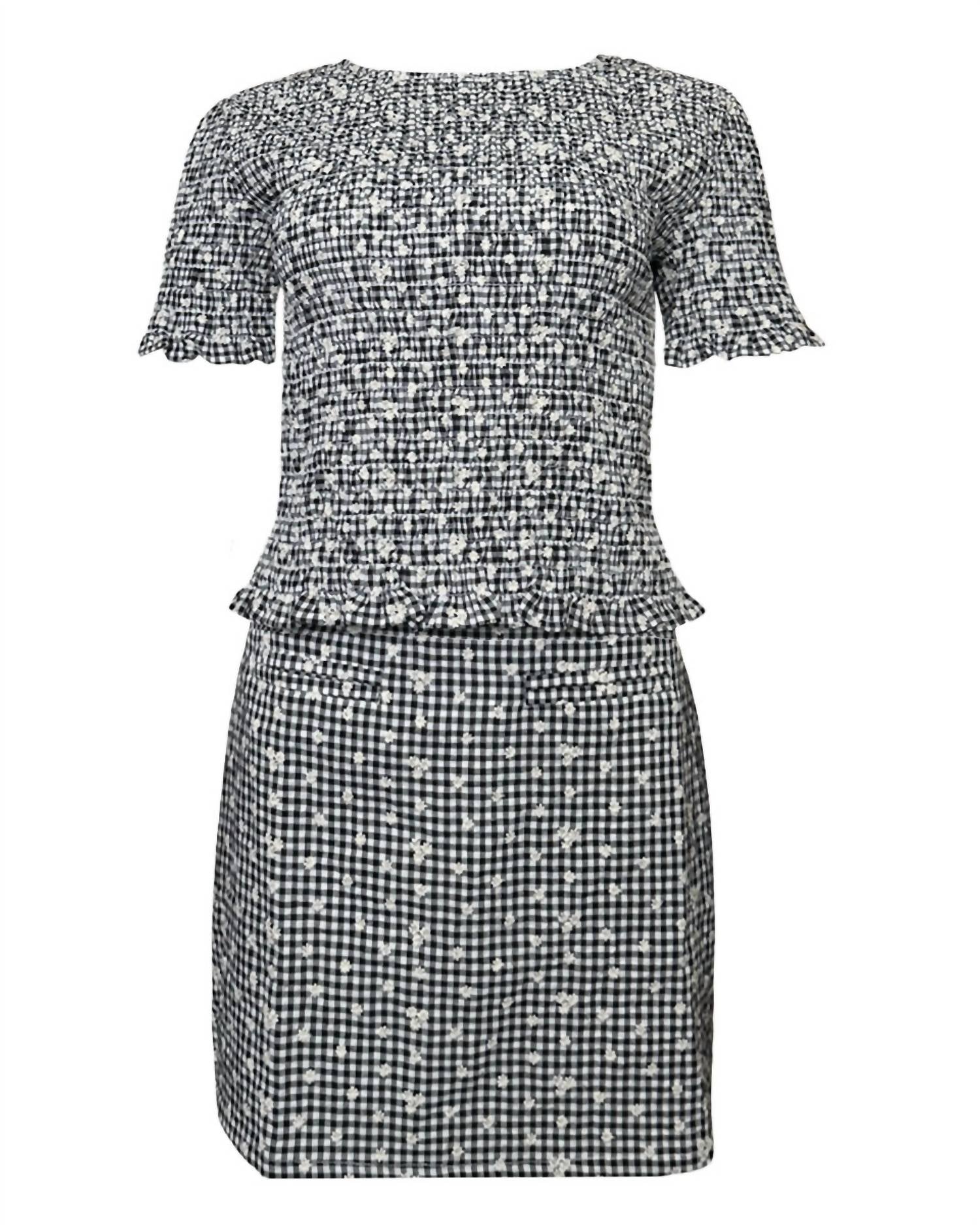 Gilli - Round Neck Half Sleeve Smocked Eyelet Top And Mini Skirt Set