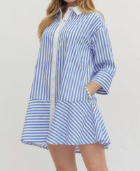 Entro - Striped Collared Three Quarter Sleeve Mini Dress
