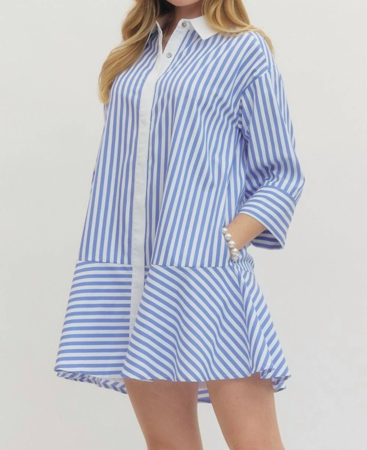 Entro - Striped Collared Three Quarter Sleeve Mini Dress