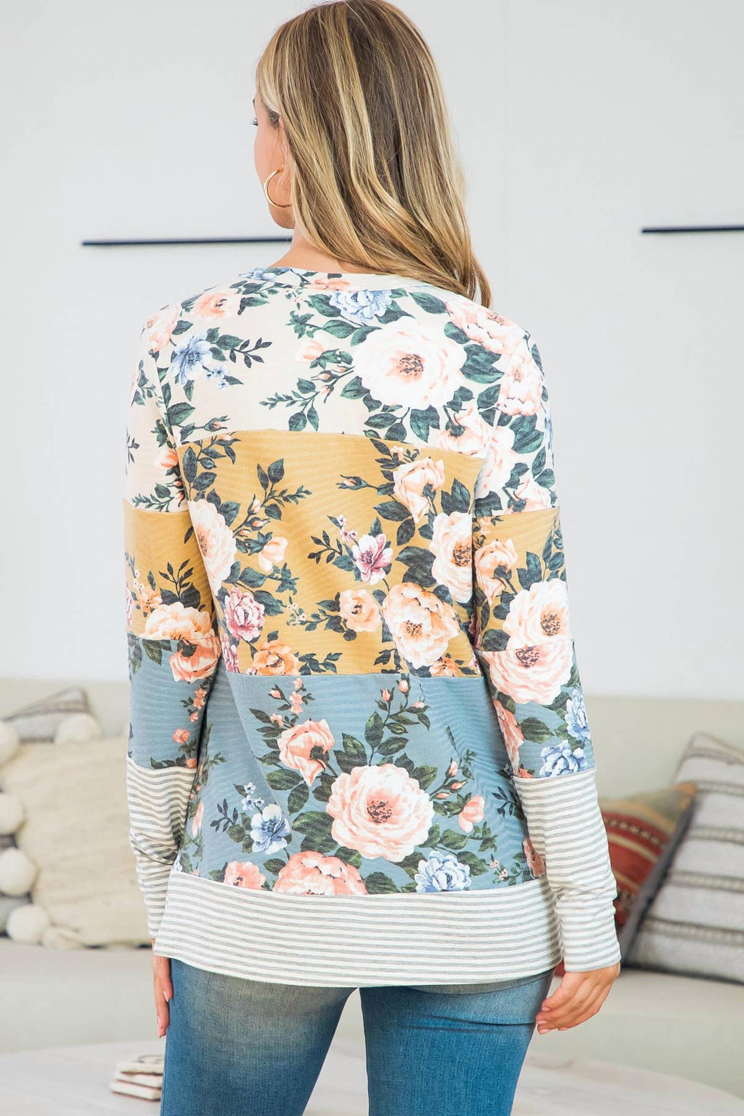 Perfect Peach - Color Block Rib Floral Top