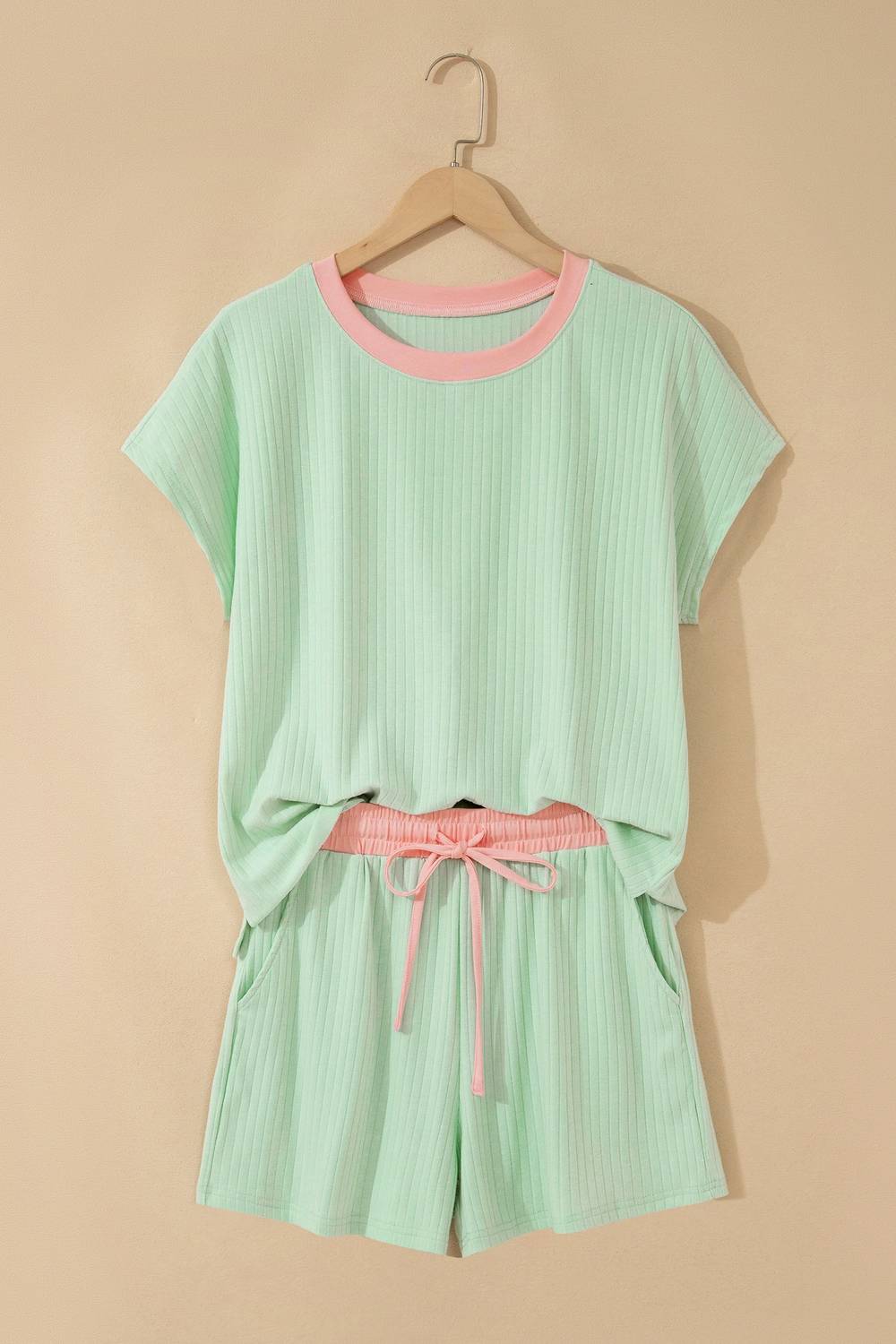 Dear Lover - Soft Ribbed Color Block Trim Casual Short Set