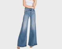 Petra153 - Women's Vintage High Waisted Stretch Wide Leg Jeans