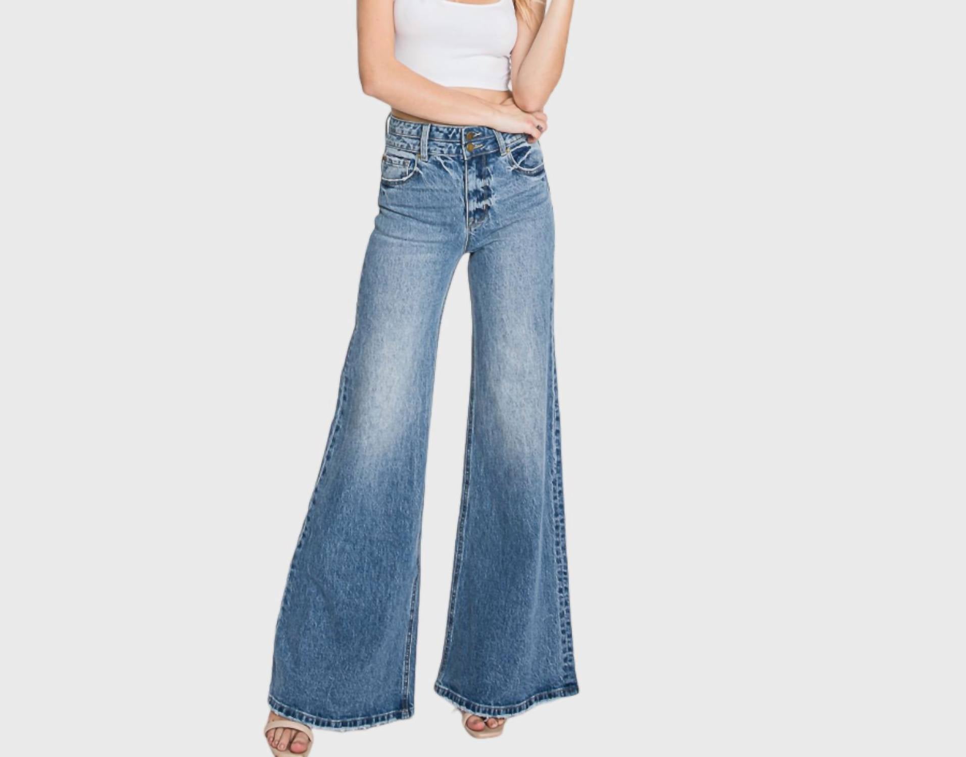 Petra153 - Women's Vintage High Waisted Stretch Wide Leg Jeans