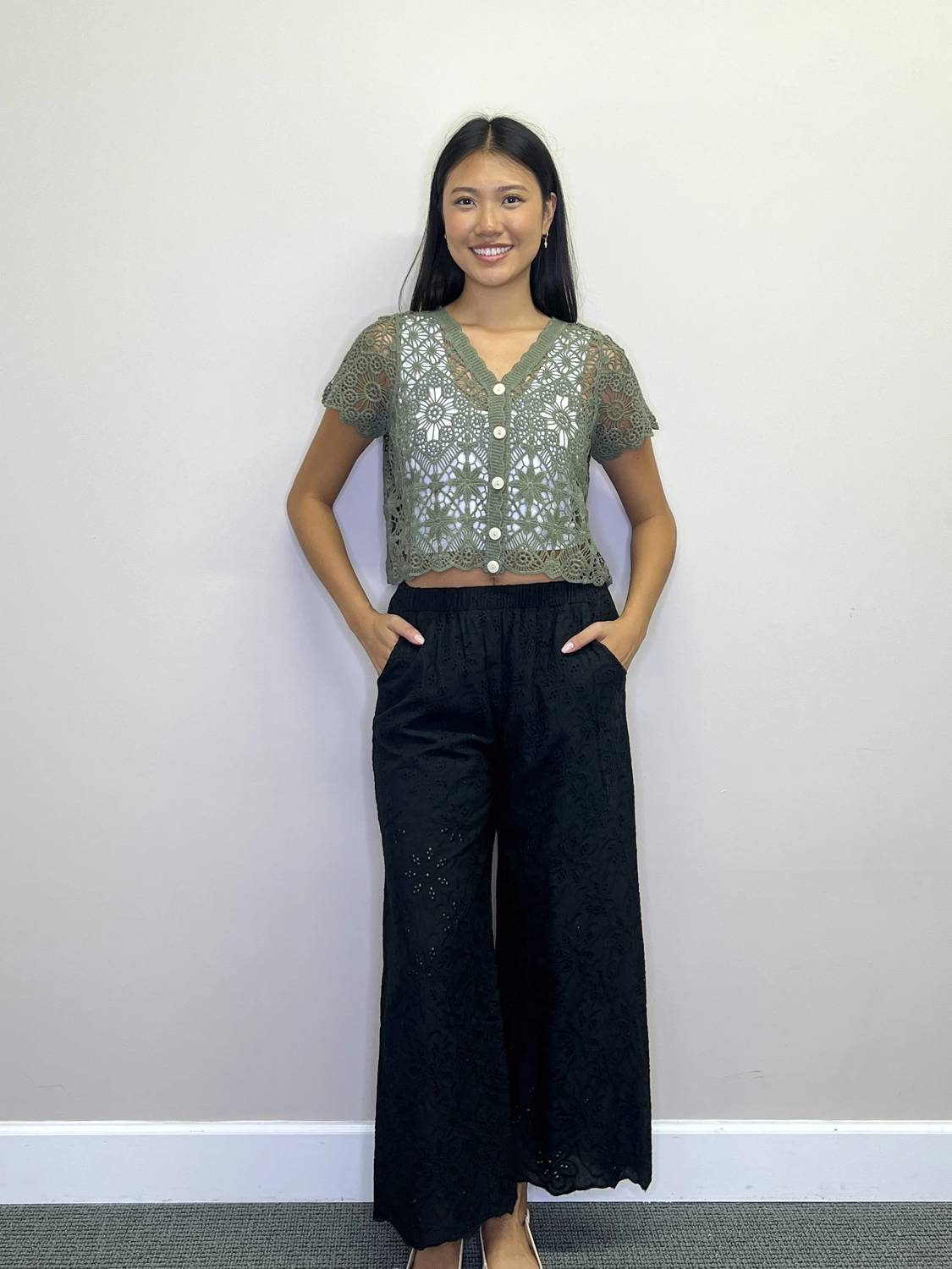Papillon - Button Front Short Sleeve Crochet Top