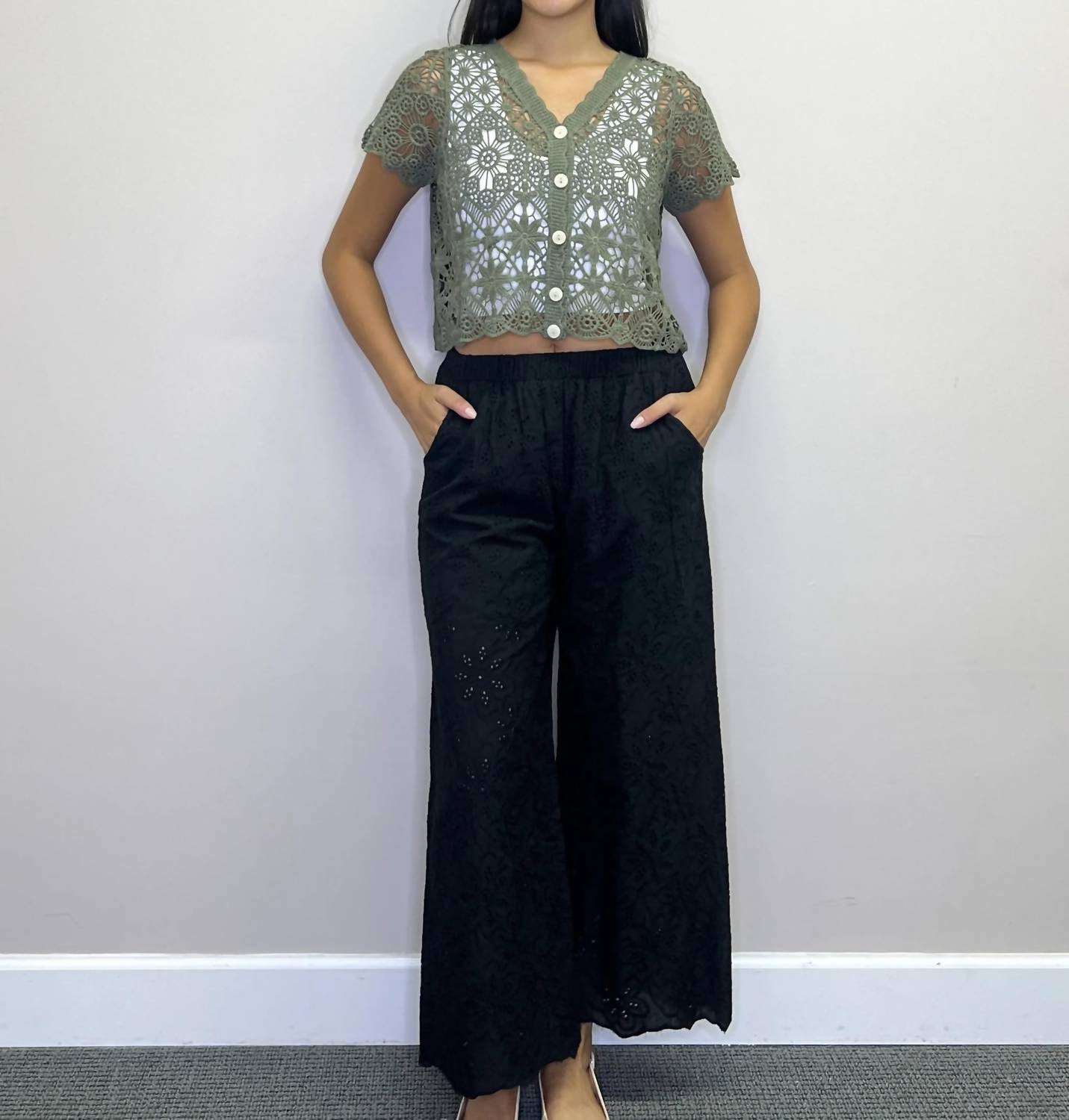 Papillon - Button Front Short Sleeve Crochet Top