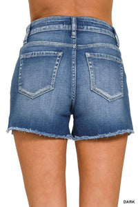 Zenana - Raw Frayed Hem Cutoff Side Slit Denim Shorts