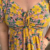 Voy - Drawstring Tie Puff Sleeve Midi Print Dress