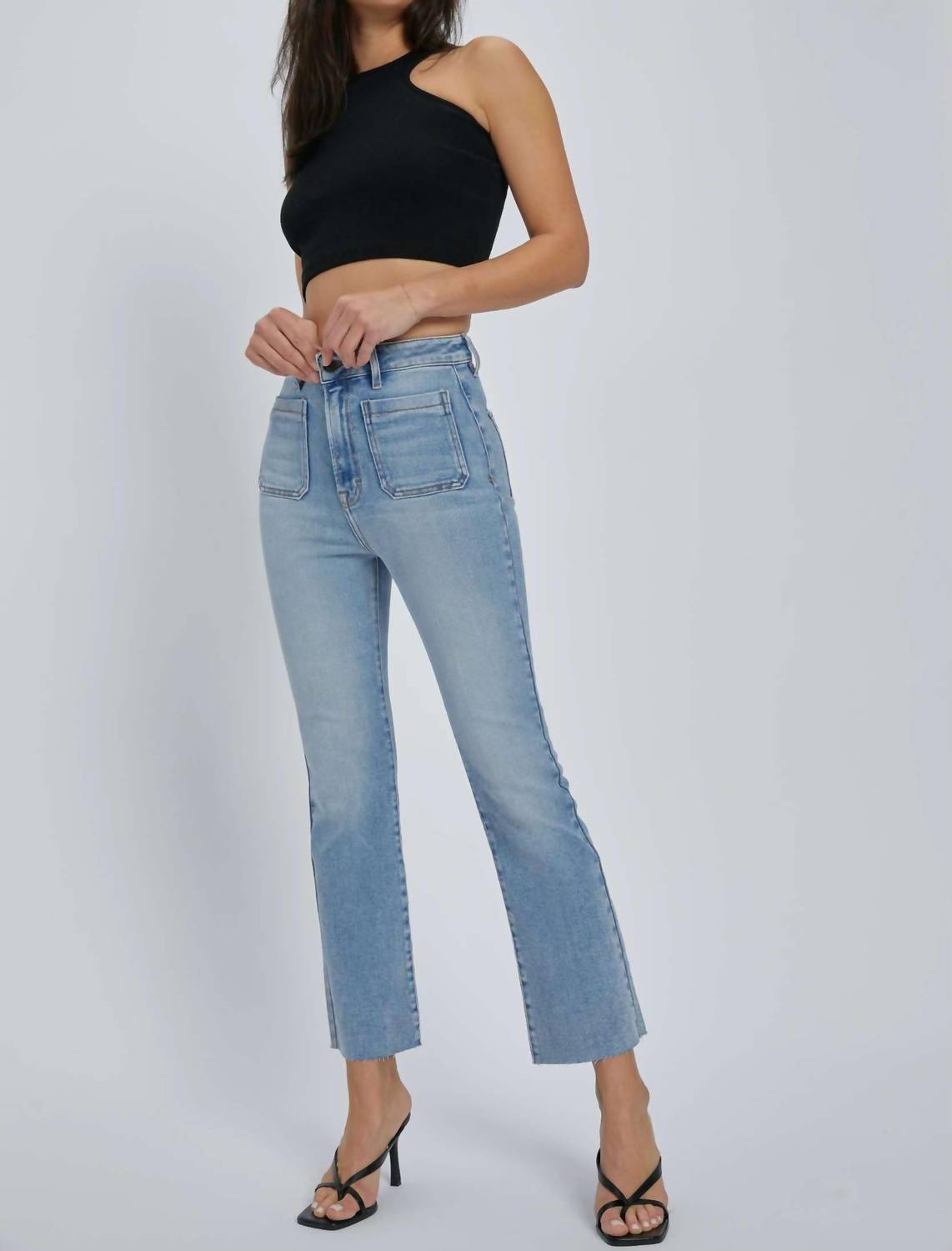Hidden - Denim Patch Pocket High Rise Cropped Flare Jeans