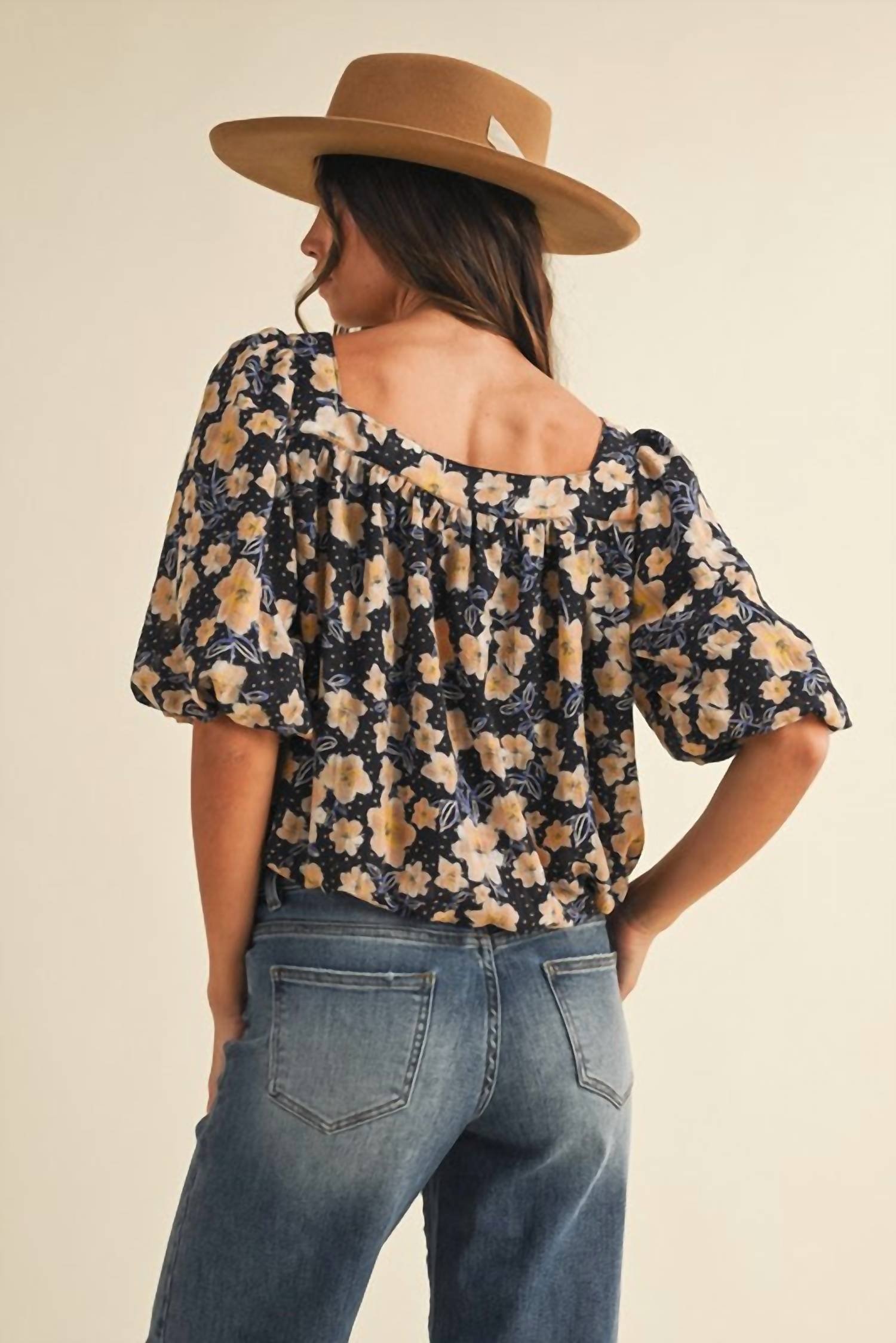 AnnieWear Flower Print Balloon Hem Square Neck Blouse in black butter - women's blouse - view 4