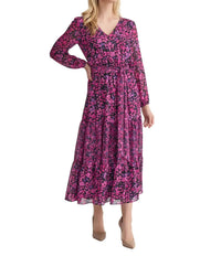 Kasper - Long Sleeve V-neck Printed Maxi Dress