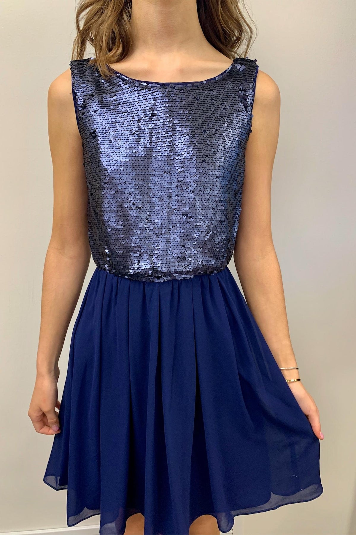 blue sequin tank dress Mini – Snagged & Bagged plus size knitwear color_COPPER=White Blue Tulle A-line Princess Waist Size:W38