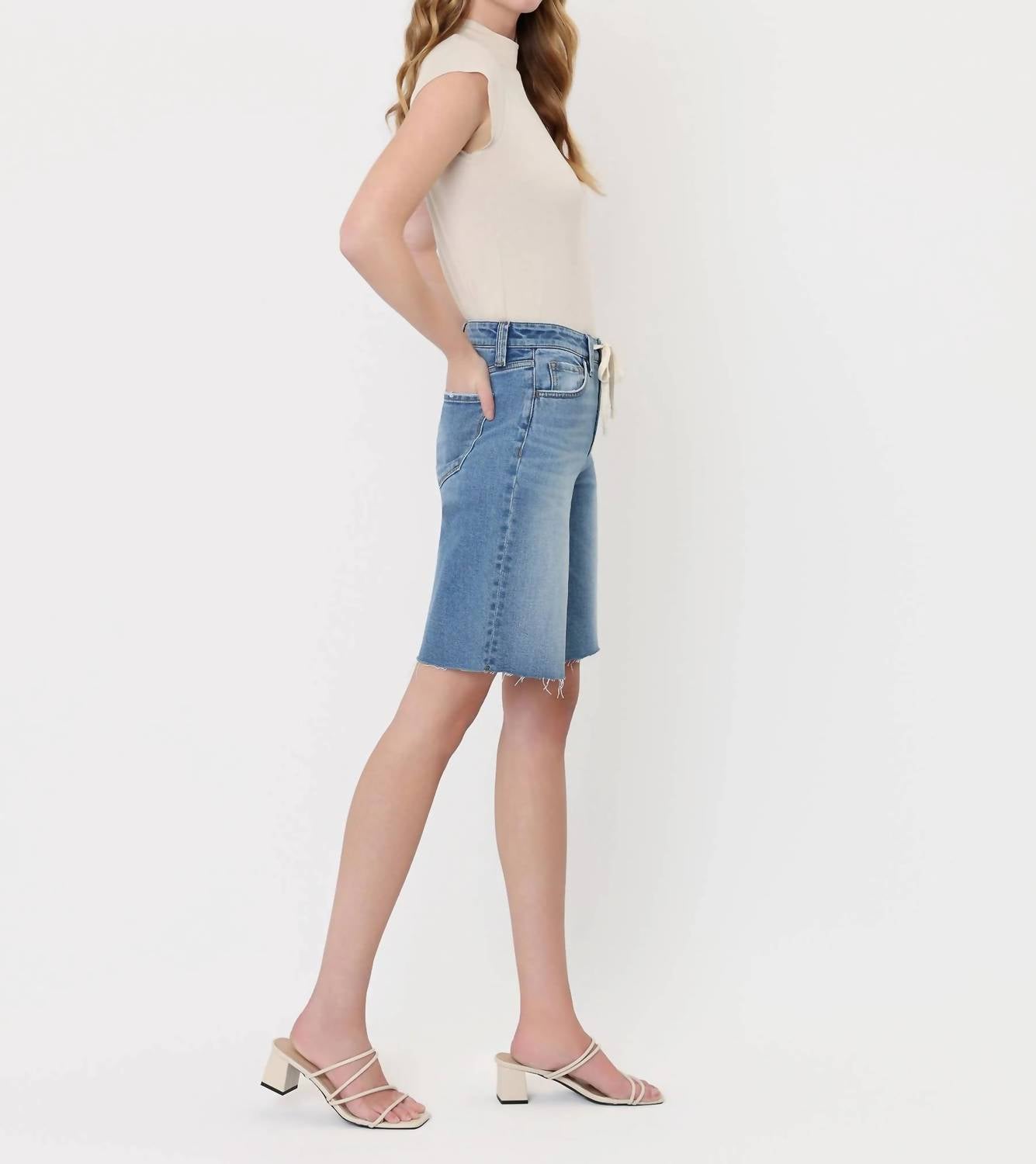 Vervet By Flying Monkey - High Rise Waist Tie Denim Bermuda Shorts