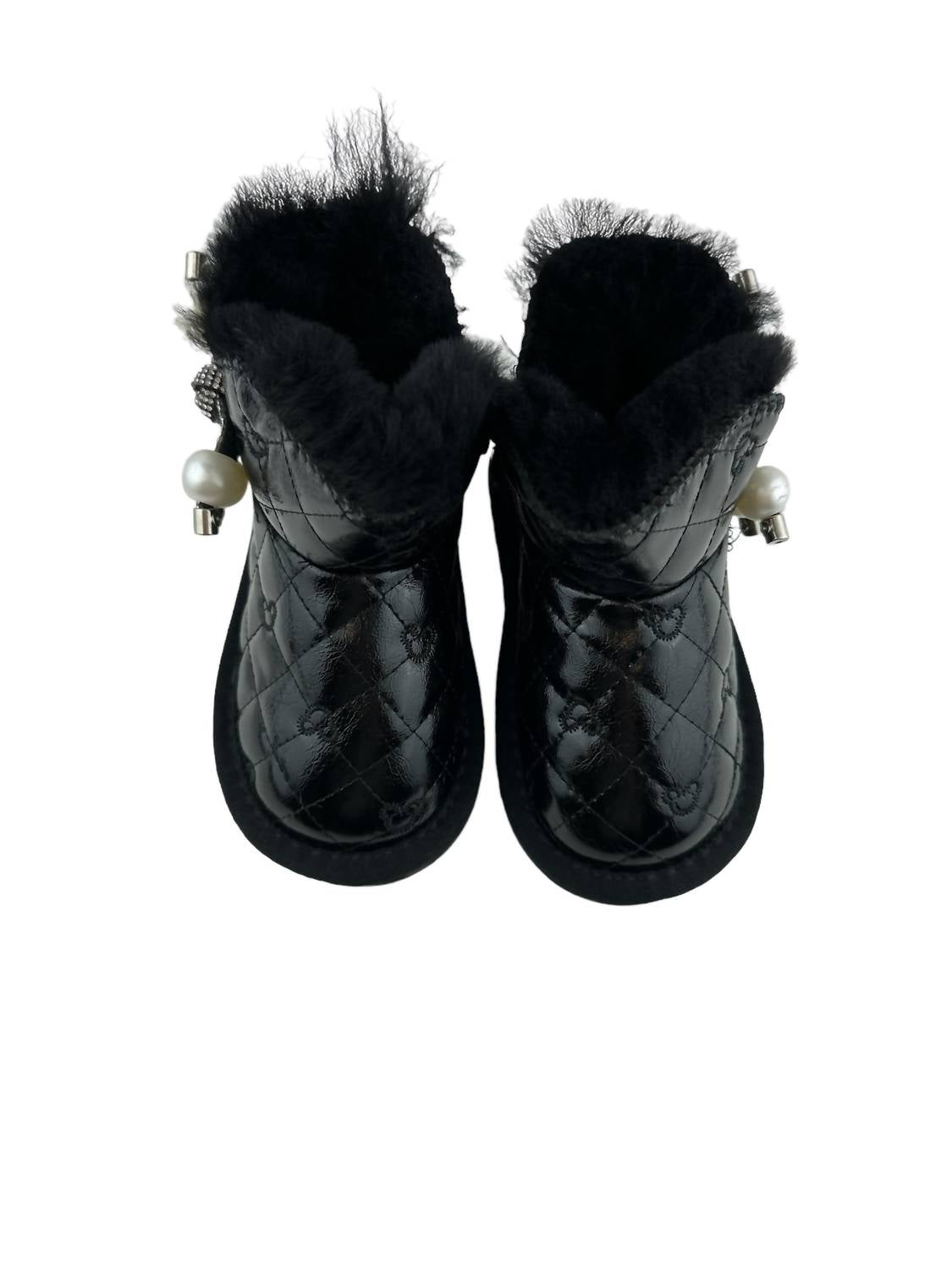 doe a dear Girl's Fur Trim Pearl Charm Quilted Boots in black - kids' boots - detail view