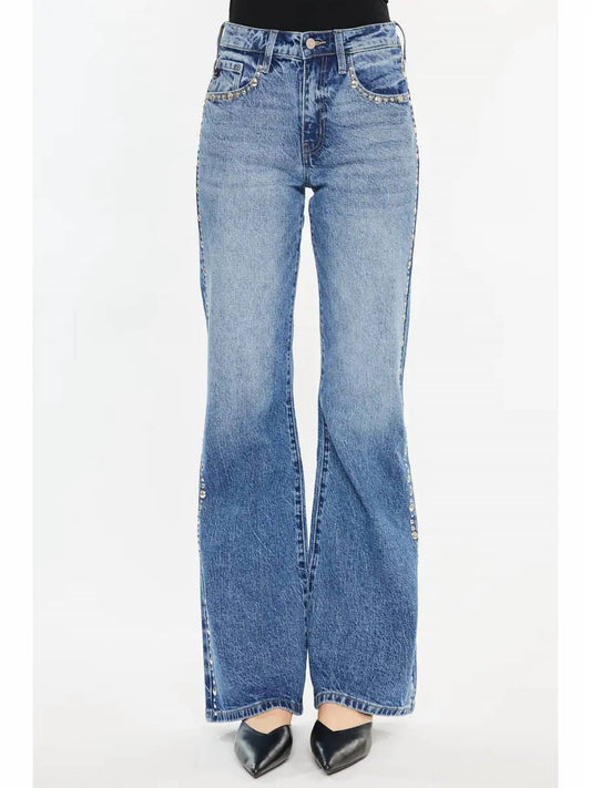 Kancan - High Rise Wide Flare Studded Jeans
