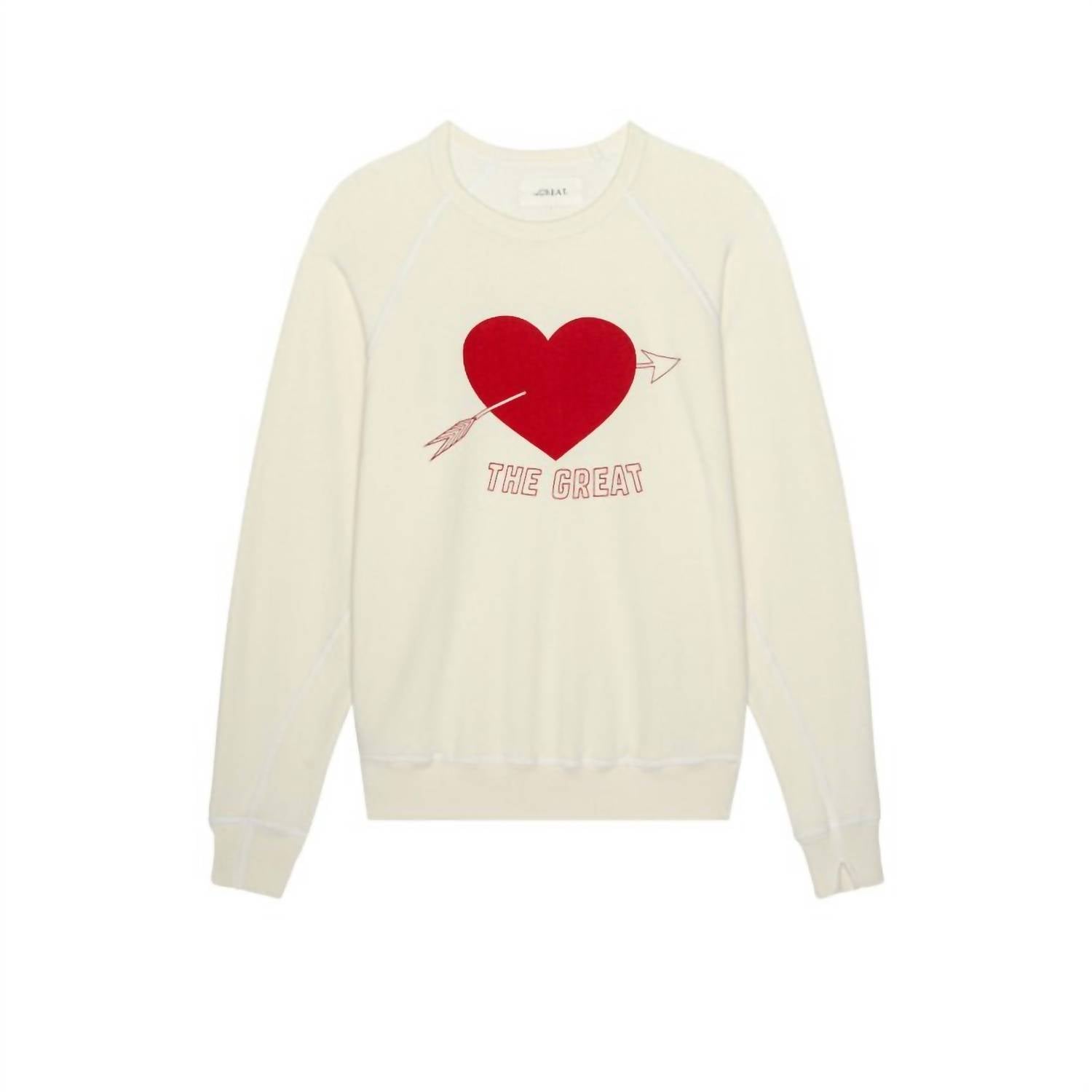 THE GREAT. College Sweatershirt With Heart Graphic in washed white with red - women's top - view 6