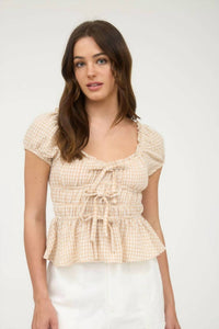Blu Pepper - Gingham Bow Detail Shirred Waist Short Sleeve Top