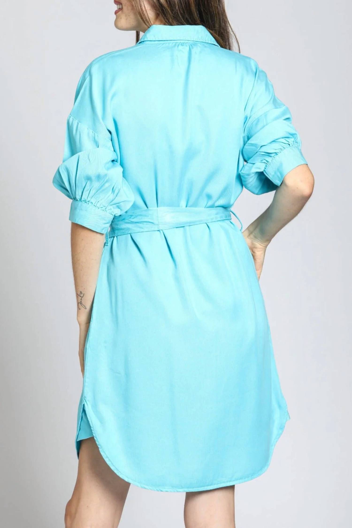 Apny - Tencel Belted Dress With Puff Sleeves