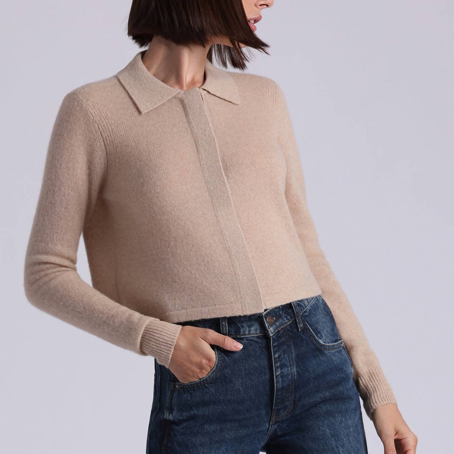 Minnie Rose Cashmere Collared Cardigan in brown sugar - women's cardigan - alternate view