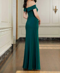 MGNY Draped Bodice Off The Shoulder Dress in emerald - women's dress - detail view