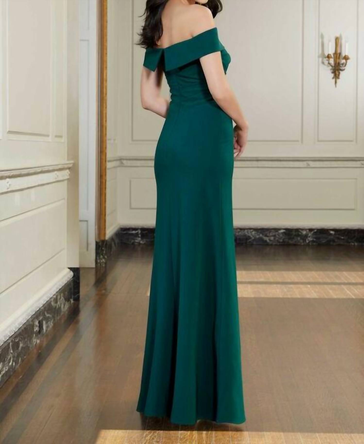 MGNY Draped Bodice Off The Shoulder Dress in emerald - women's dress - detail view