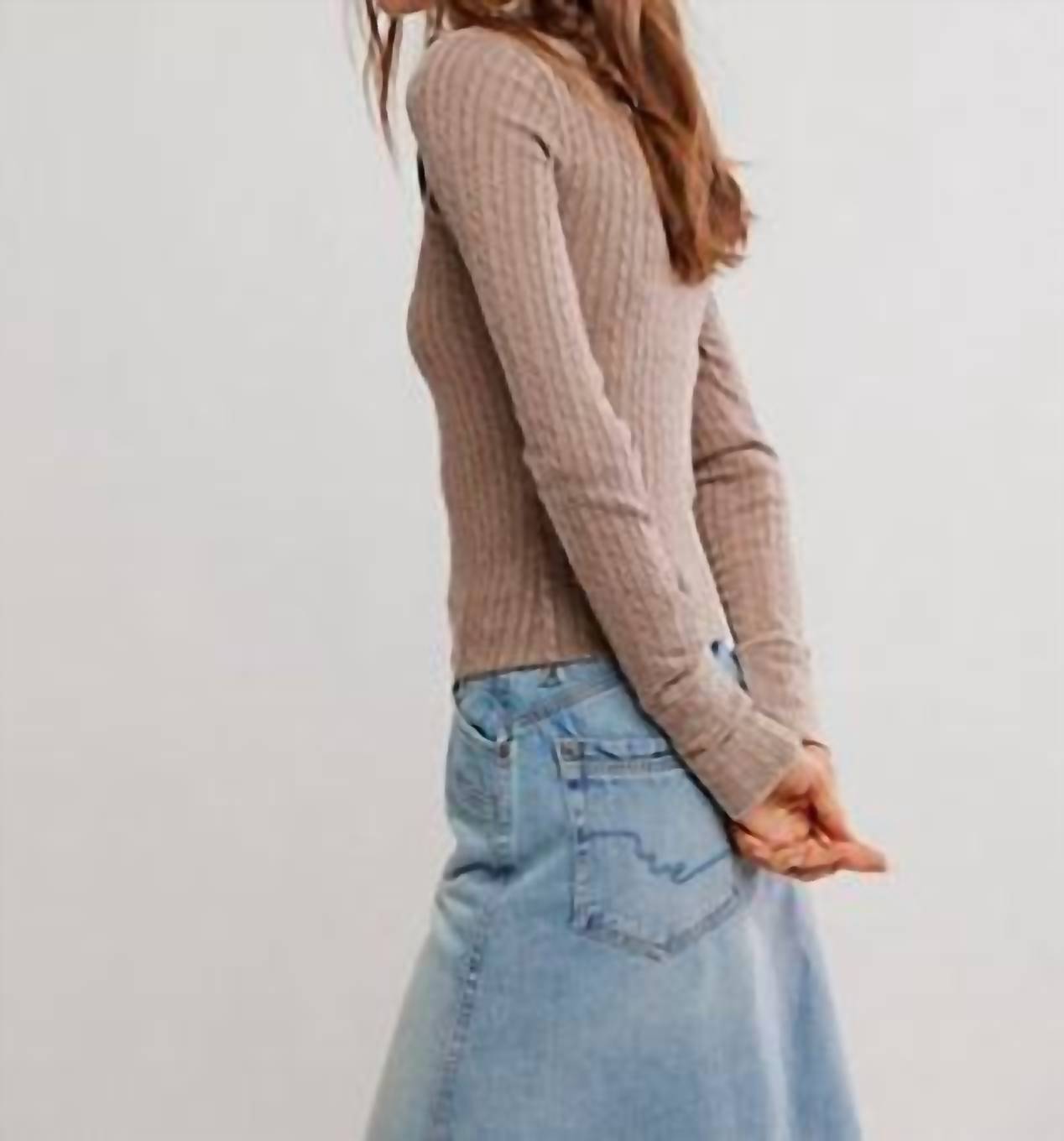 Free People Brunch Girl Zip Up Top in brown - women's long sleeve top - detail view