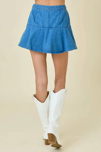 day + moon Wrap Front Ruffle Mini Skort in denim - women's shorts - detail view