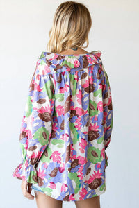 First Love - Floral Ruffle V-Neck Tassel Drawstring Top