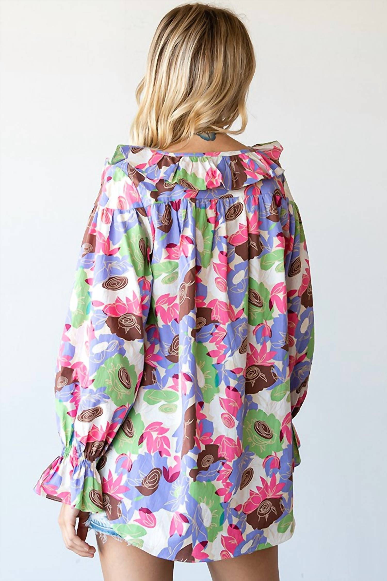 First Love - Floral Ruffle V-Neck Tassel Drawstring Top