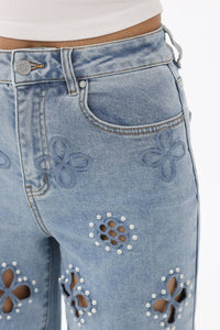 Bayeas - Eyelet And Pearl Embellished High Rise Straight Jeans