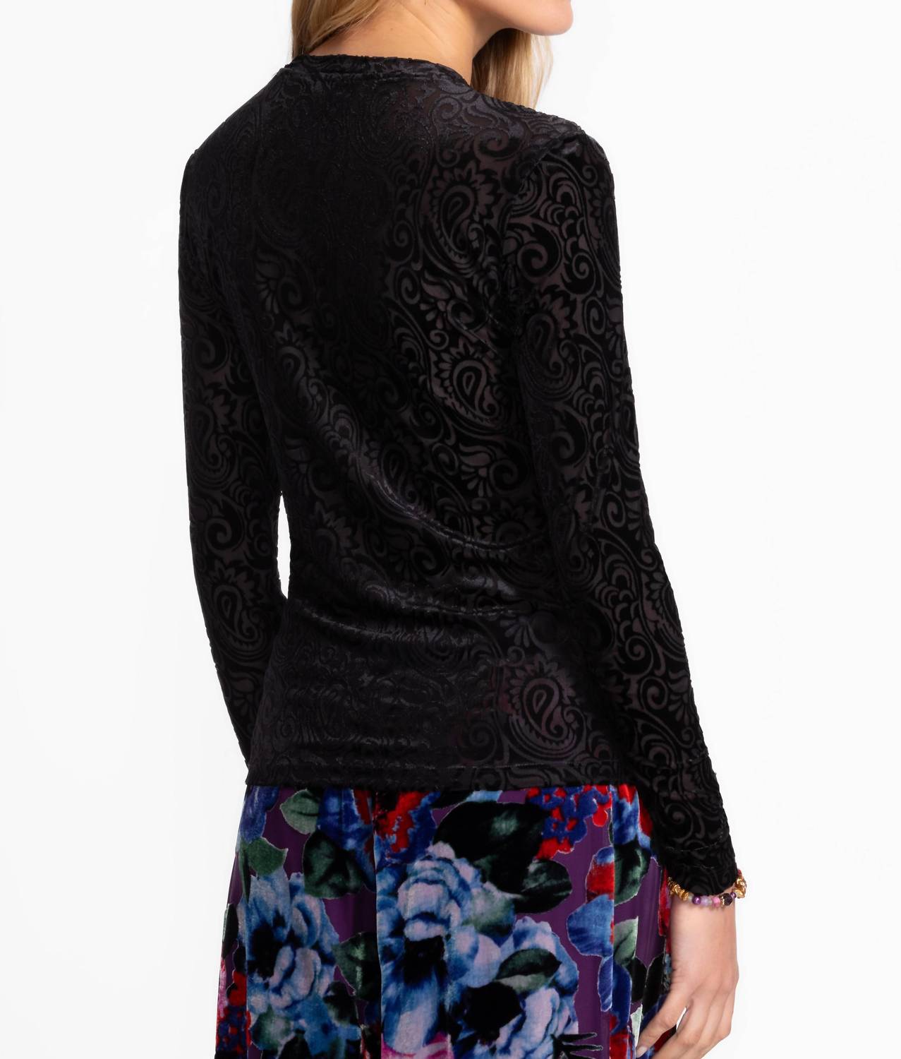 Johnny Was Natalie Long Sleeve Mesh Tee in tova - women's long sleeve top - detail view