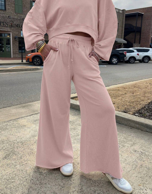 Aapparella - Crewneck Terry Top With Wide Leg Raw Edge Bottoms Set