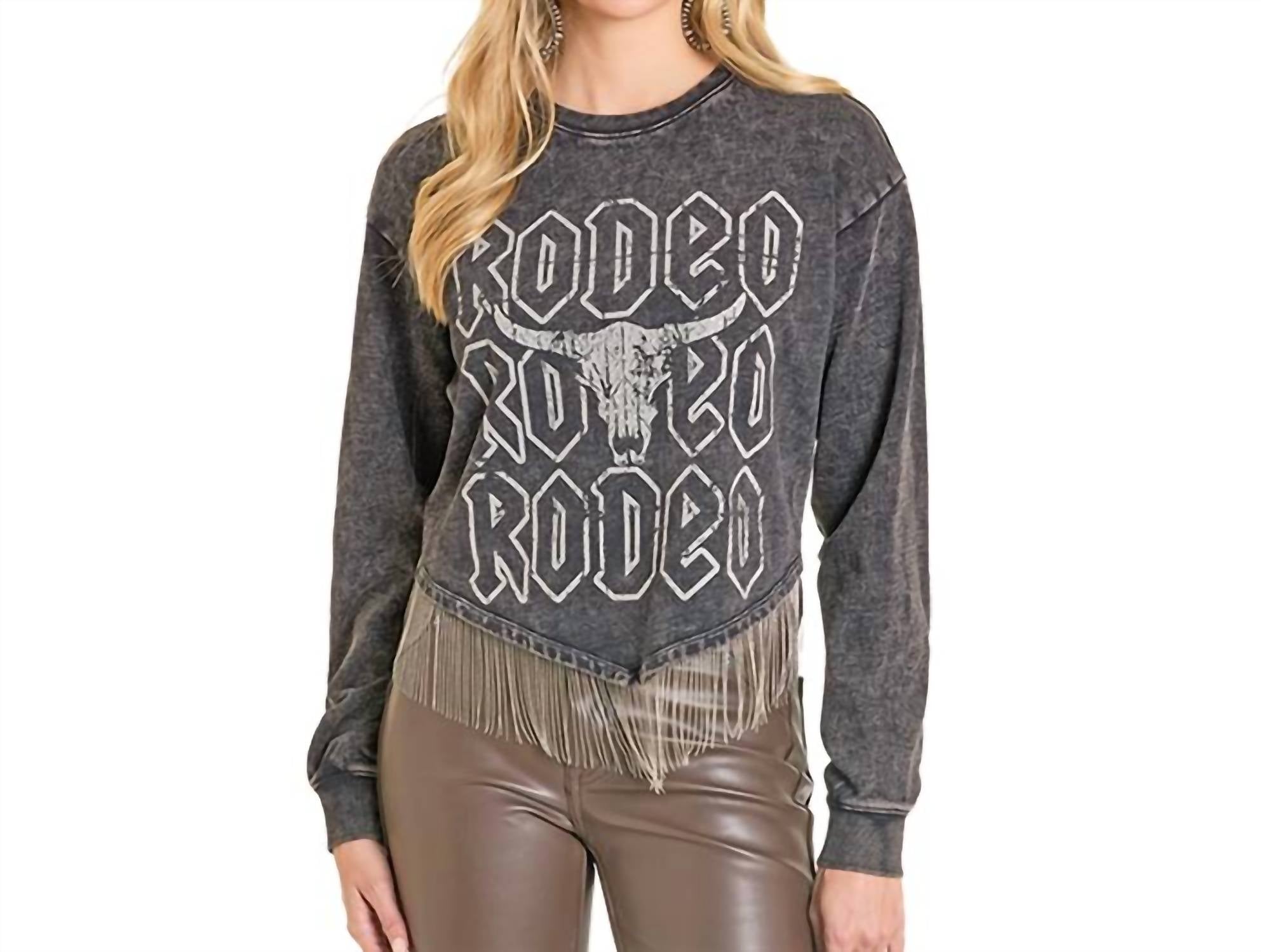 Rock & Roll Denim Graphic Pullover T Shirt With Rhinestones in charcoal - women's long sleeve top