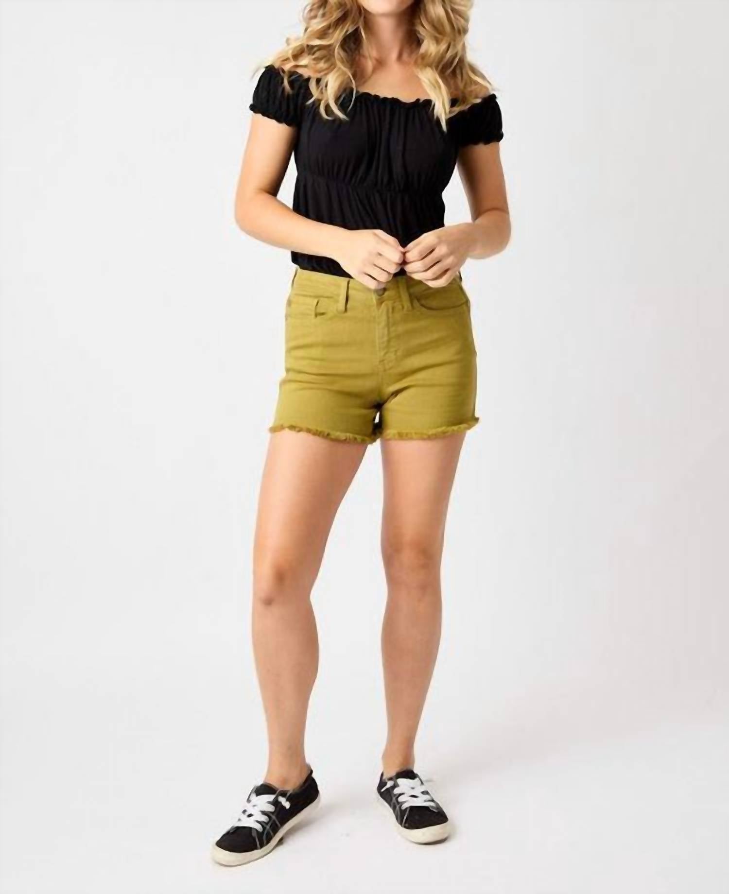 Judy Blue Mid Rise Garment Dyed Fray Hem Shorts in matcha - women's shorts