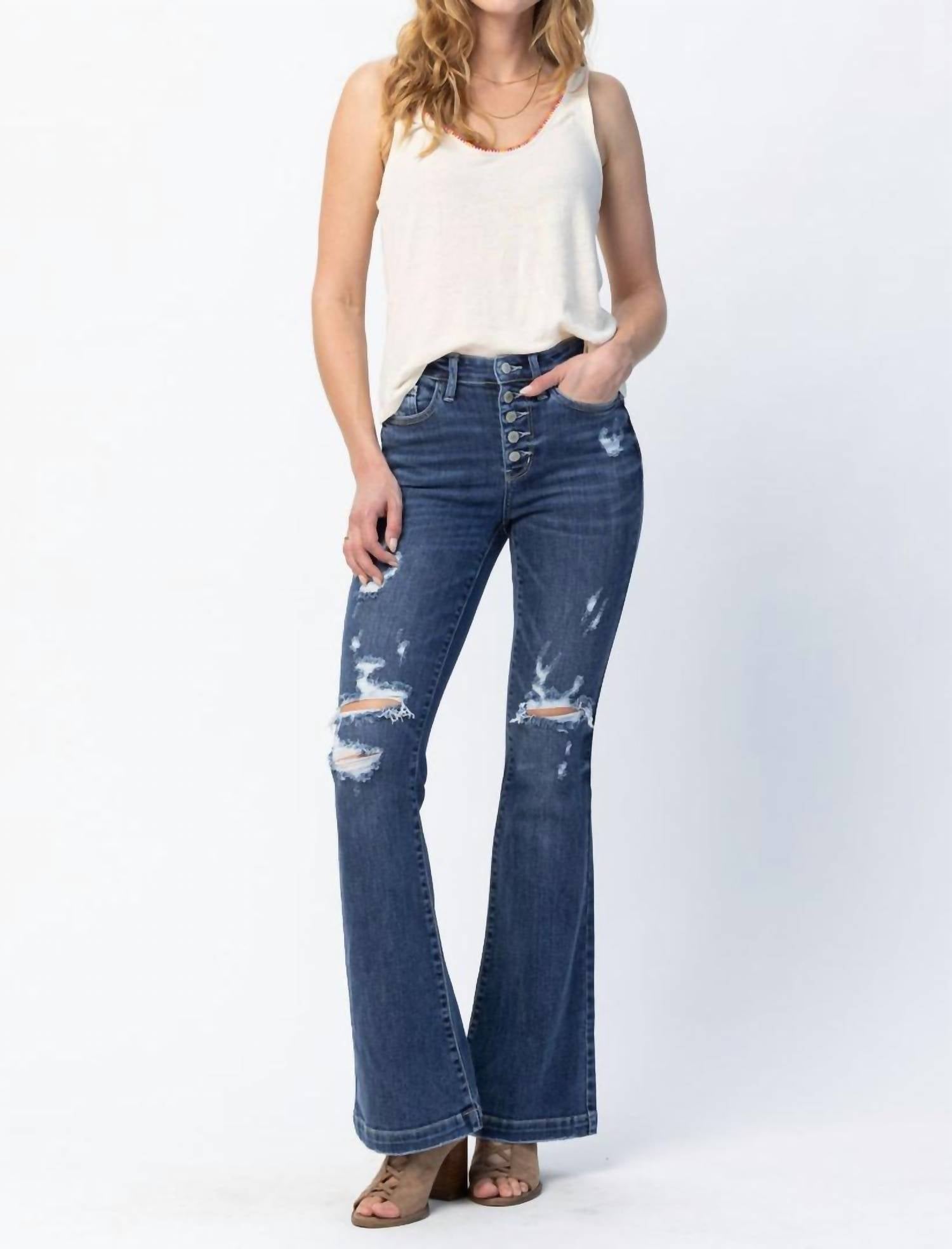 Judy Blue - Superstar Button Fly Flare Destroyed Jeans
