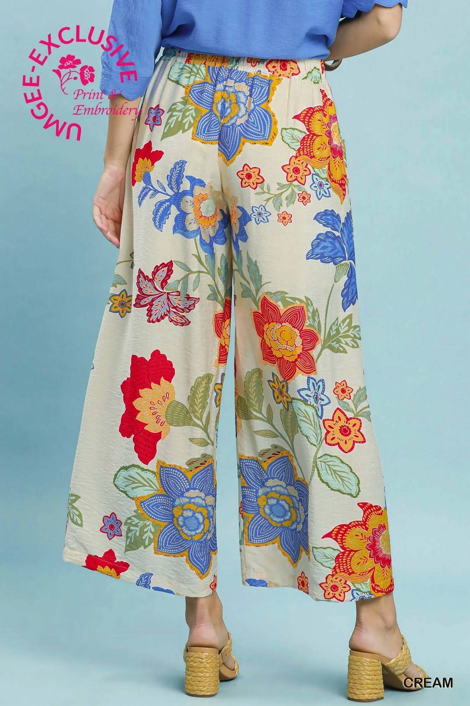 Umgee - Floral Print Wide Leg Crop Pants