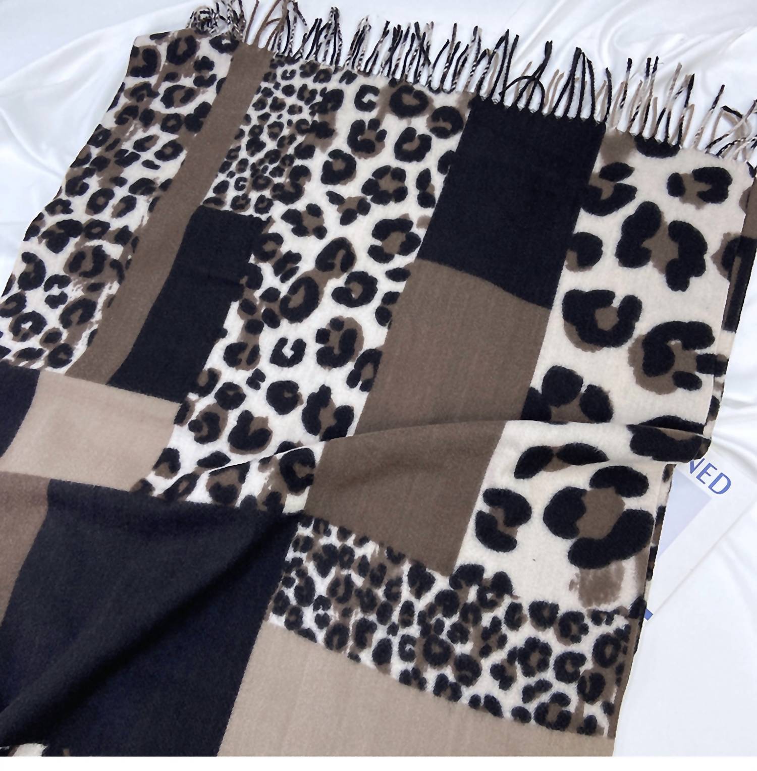 COCO + CARMEN Women's Leopard Block Print Fringe Scarf in brown - women's scarf - detail view