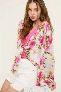 LA MIEL Pearl Shinny Fabric Floral Pattern Front Tie Blouse in multicolor - women's blouse - alternate view