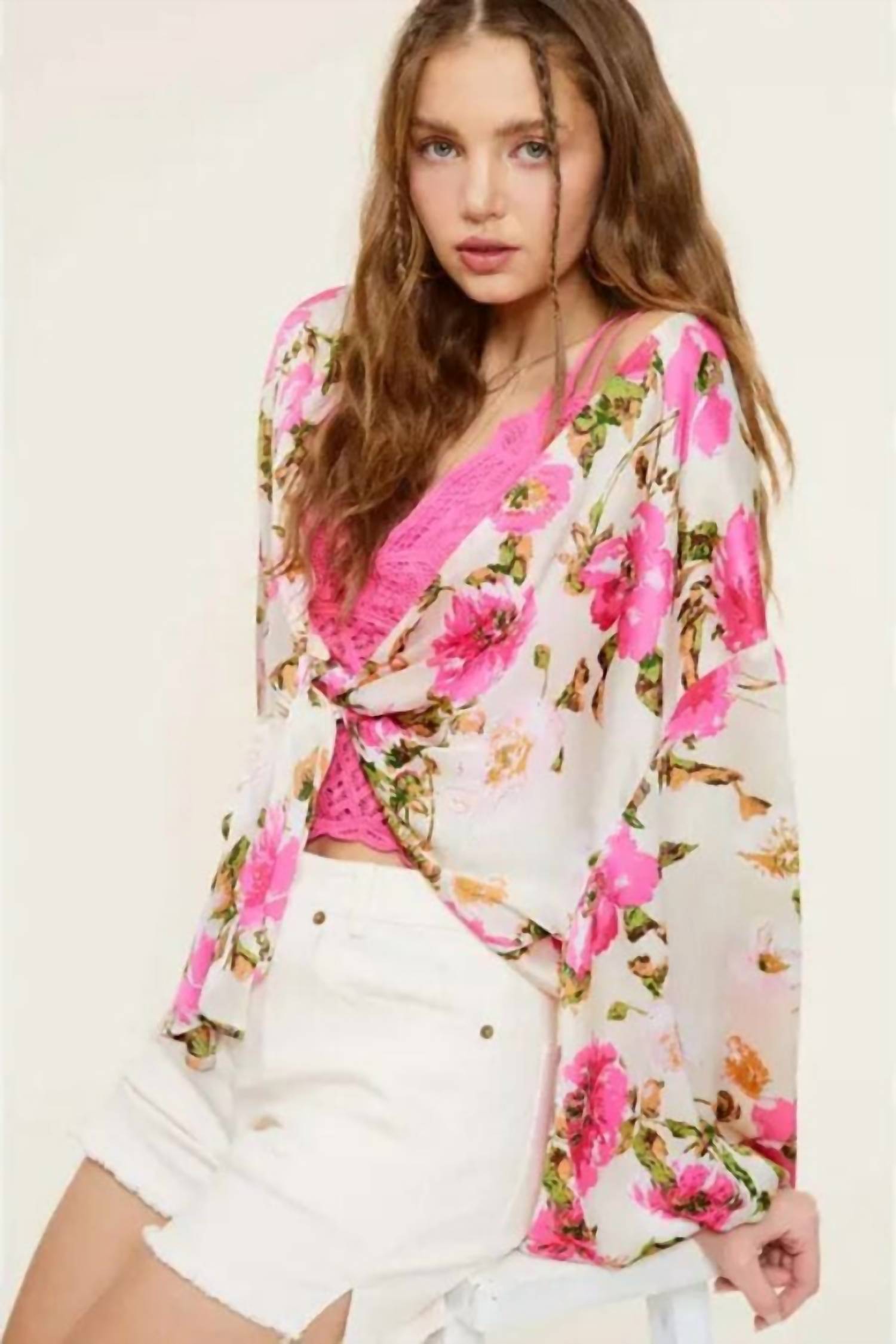 LA MIEL Pearl Shinny Fabric Floral Pattern Front Tie Blouse in multicolor - women's blouse - alternate view