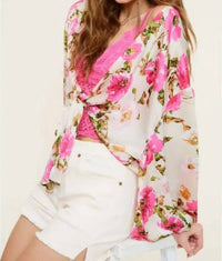 LA MIEL Pearl Shinny Fabric Floral Pattern Front Tie Blouse in multicolor - women's blouse - detail view