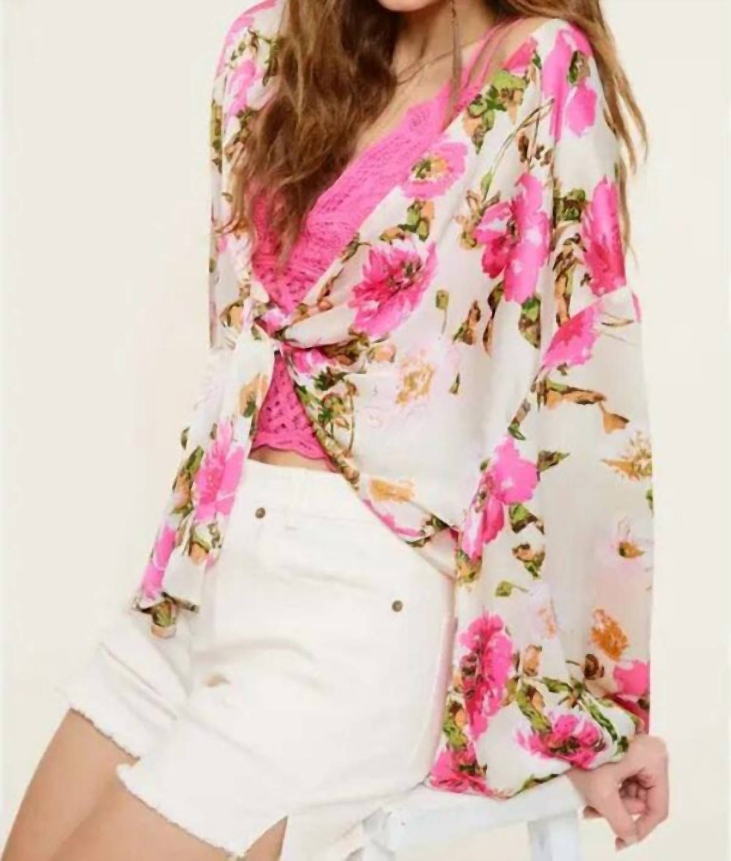 LA MIEL Pearl Shinny Fabric Floral Pattern Front Tie Blouse in multicolor - women's blouse - detail view