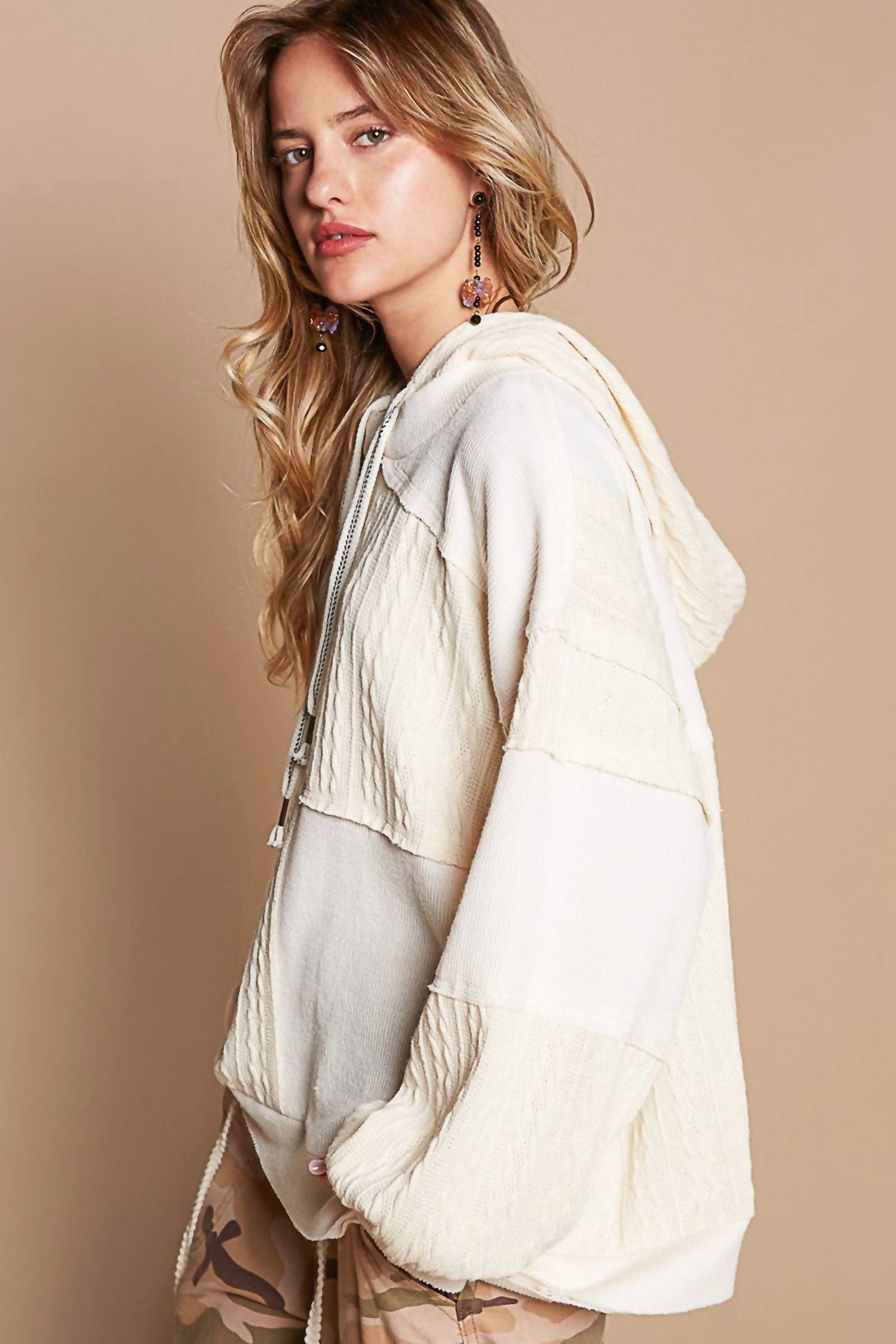 POL Balloon Sleeve Cut Sew Sweater Knit Top in cream - women's top - alternate view