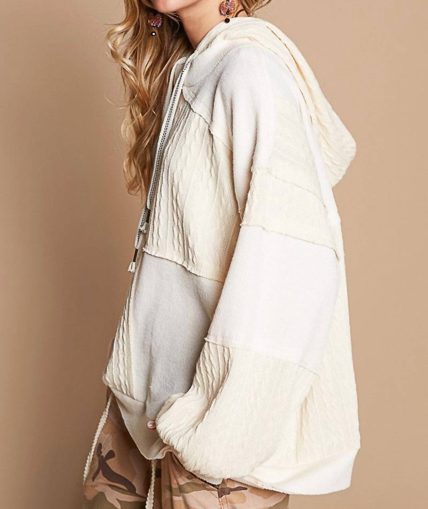 POL Balloon Sleeve Cut Sew Sweater Knit Top in cream - women's top - detail view